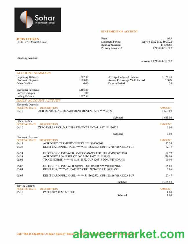 Oman Sohar International bank statement